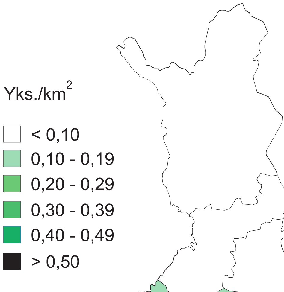 Paljonko Suomessa on pienpetoja? 15 4. Mäyrä 4.1. Mäyräkanta runsain etelässä Mäyräkanta on runsain Uudellamaalla ja Hämeessä (kuva 6).