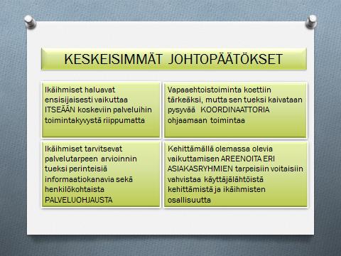 55 7 TULOSTEN TULKINTA JA JOHTOPÄÄTÖKSET Tutkimus osoitti, että ikäihmisten tietämys vanhuspalveluista rajoittui pääsääntöisesti itseä koskeviin palveluihin.