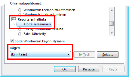 Käyttöjärjestelmä ja tiedonhallinta Windows 7 s. 24/47 1. Napsauta Äänet-painiketta. 2. Etsi luettelosta Resurssienhallinta-kohta ja valitse heti sen alapuolelta Aloita selaaminen. 3.