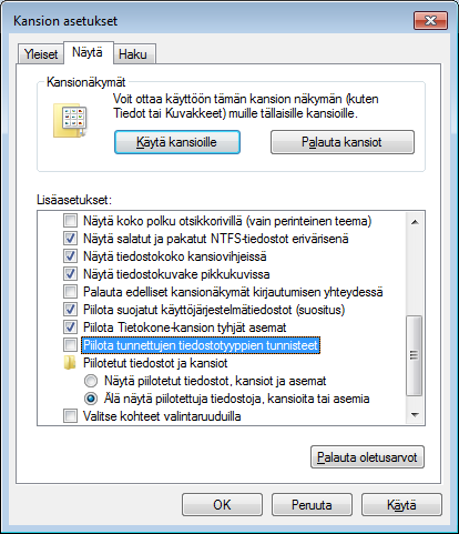 Käyttöjärjestelmä ja tiedonhallinta Windows 7 s. 30/47 4. Asetetaan seuraavaksi tiedostotunnistimet näkyville: Valitse Työkalut-valikosta Kansion asetukset.