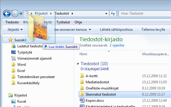 Käyttöjärjestelmä ja tiedonhallinta Windows 7 s. 35/47 Jos tallennat tiedoston kirjaston johonkin alikansioon, tiedosto tallennetaan samannimiseen kansioon sen todellisessa sijainnissa.