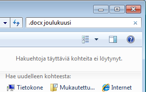 Käyttöjärjestelmä ja tiedonhallinta Windows 7 s. 38/47 Kun haluat etsiä tiettyä merkkijonoa useammasta tiedostosta, tee hakulause seuraavasti: säkki JA (.doc TAI.docx).