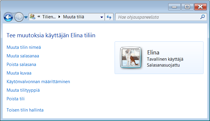 Käyttöjärjestelmä ja tiedonhallinta Windows 7 s. 42/47 Tilille tehtävät muutokset näkyvät seuraavassa kuvassa.