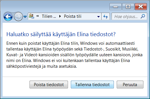 Tiliä poistettaessa on huomattava, että tilikohtainen Kirjastot tiedostoineen sekä työpöydän sisältö poistetaan samalla.