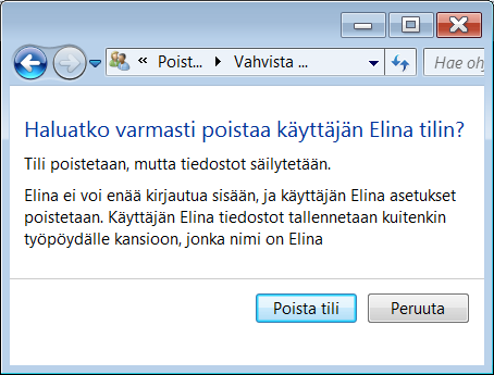 Tällöin järjestelmänvalvojan työpöydälle luodaan kansio, josta poistettavan käyttäjätilin tiedostot löytyvät.