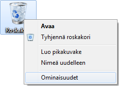 Kuvakkeiden ominaisuudet Napsauttamalla hiiren kakkospainikkeella työpöydän jotakin kuvaketta avautuu pikavalikko (kuva oikealla).