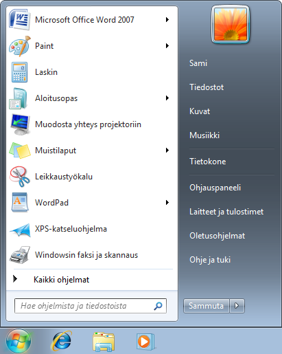 Käyttöjärjestelmä ja tiedonhallinta Windows 7 s. 7/47 Käynnistä-valikko Käynnistä-valikon kautta löytyvät kaikki tietokoneen ohjelmat ja toiminnot. Ne käynnistyvät kuvakkeita hiirellä napsautettaessa.