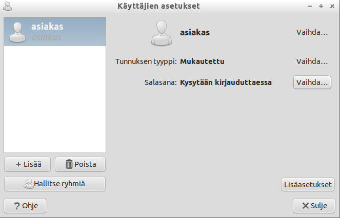 4.2. Käyttäjätiedot Käyttäjätilit Käyttäjien asetuksiin päästään valitsemalla Järjestelmätyökalut->Käyttäjät ja ryhmät (kuva yllä): vasemmalla listassa näkyy käyttäjän kokonimi yllä ja käyttäjätunnus