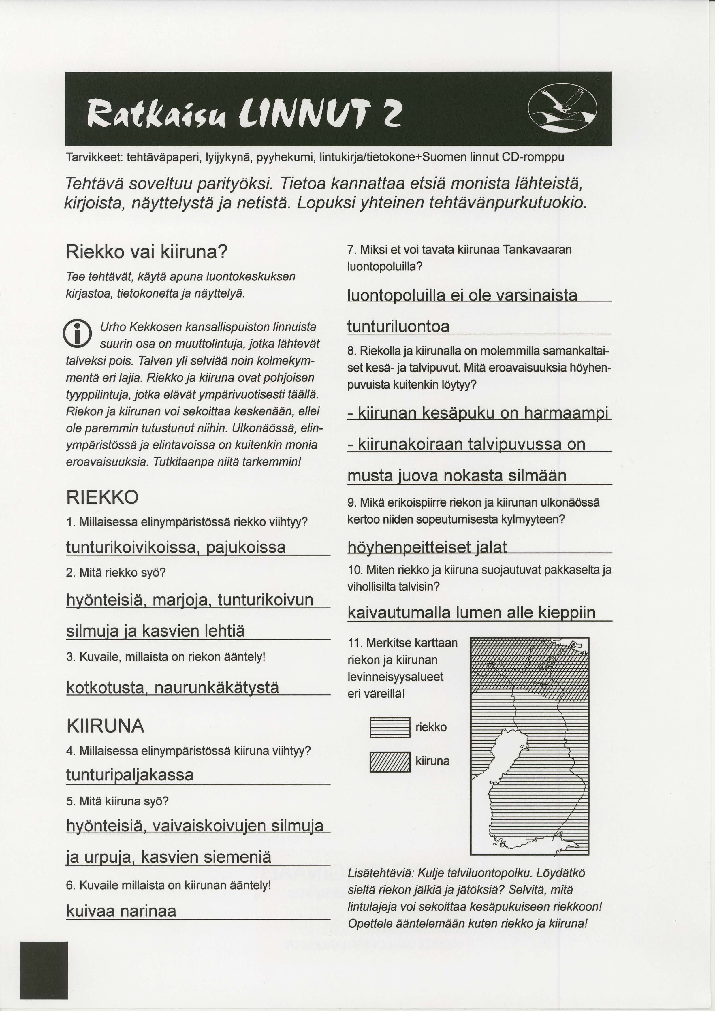 Tarvikkeet: tehtiiv ipaperi, lyijykynd, pyyhekumi, lintukirja/tietokone+suomen linnut CD-romppu Tehtiivii soveltuu parity1ksi.