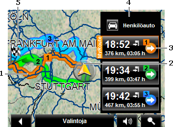 Kartan valintoja tilassa Vakio 1. Avaa näppäinrivin. (Katso "Dynaaminen näppäinrivi", sivulla 47) 2. Paina (Valintoja). Ikkuna useammalla painikkeella avautuu.