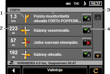 1 Kaaviomainen esitys seuraavasta risteyksestä, jossa sinuun pitäisi kääntyä. 2 Etäisyys tähän risteykseen. 3 Ajo-ohje ja mikäli mahdollista tien nimi, johon sinuun pitää kääntyä.