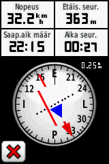 Perusnavigointi Suuntiman osoitin osoittaa määränpään suuntaan liikesuunnasta riippumatta. Jos suuntiman osoitin osoittaa kompassin yläreunaa kohti, olet matkalla suoraan kohti määränpäätä.