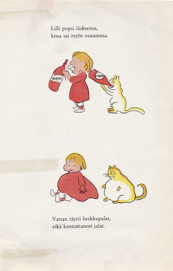 Ylhäällä Vain lapsille -kirjan runo Julia Jamssi. Alhaalla kaksi esimerkkisivua kirjasta Kissamatka.