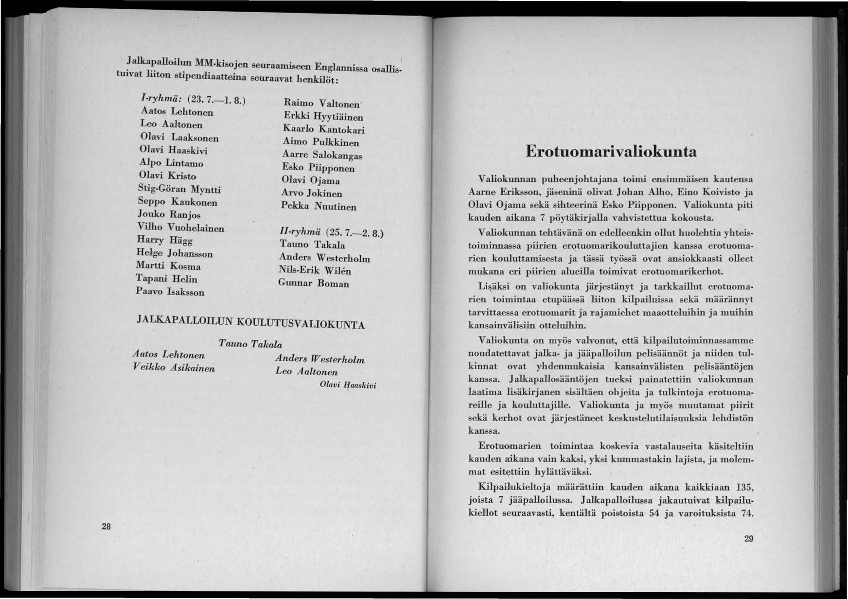 28 JalkapallOtiJ.un MM-kisojen seuraamiseen Englanm. alli. 1ii' ssa os s- tulvat ' ton stipendiaatteina seuraavat henkilöt: [-ryhmä: (23.7.-1. 8.