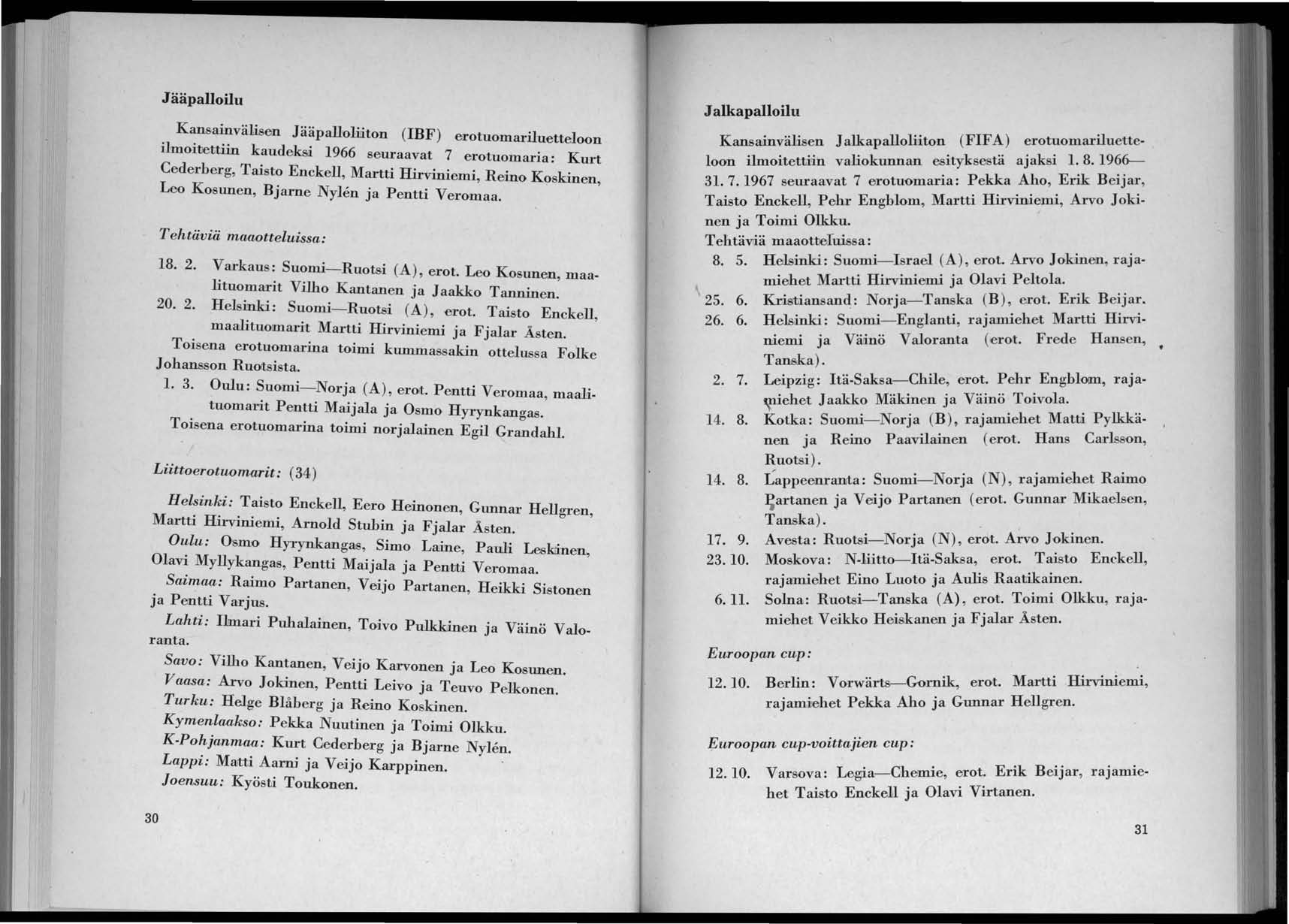 JääpalloiIu Kansainvälisen Jääpalloliåto.n (IBF) ero.tuo.mariluettelo.o.n ilmoitjettiin kaudeks,i 1966 seuraavat 7 ero.tuo.maria: Kurt Cederberg, Taisto. Enckell, Martti Hirviniemi, Reino. Ko.