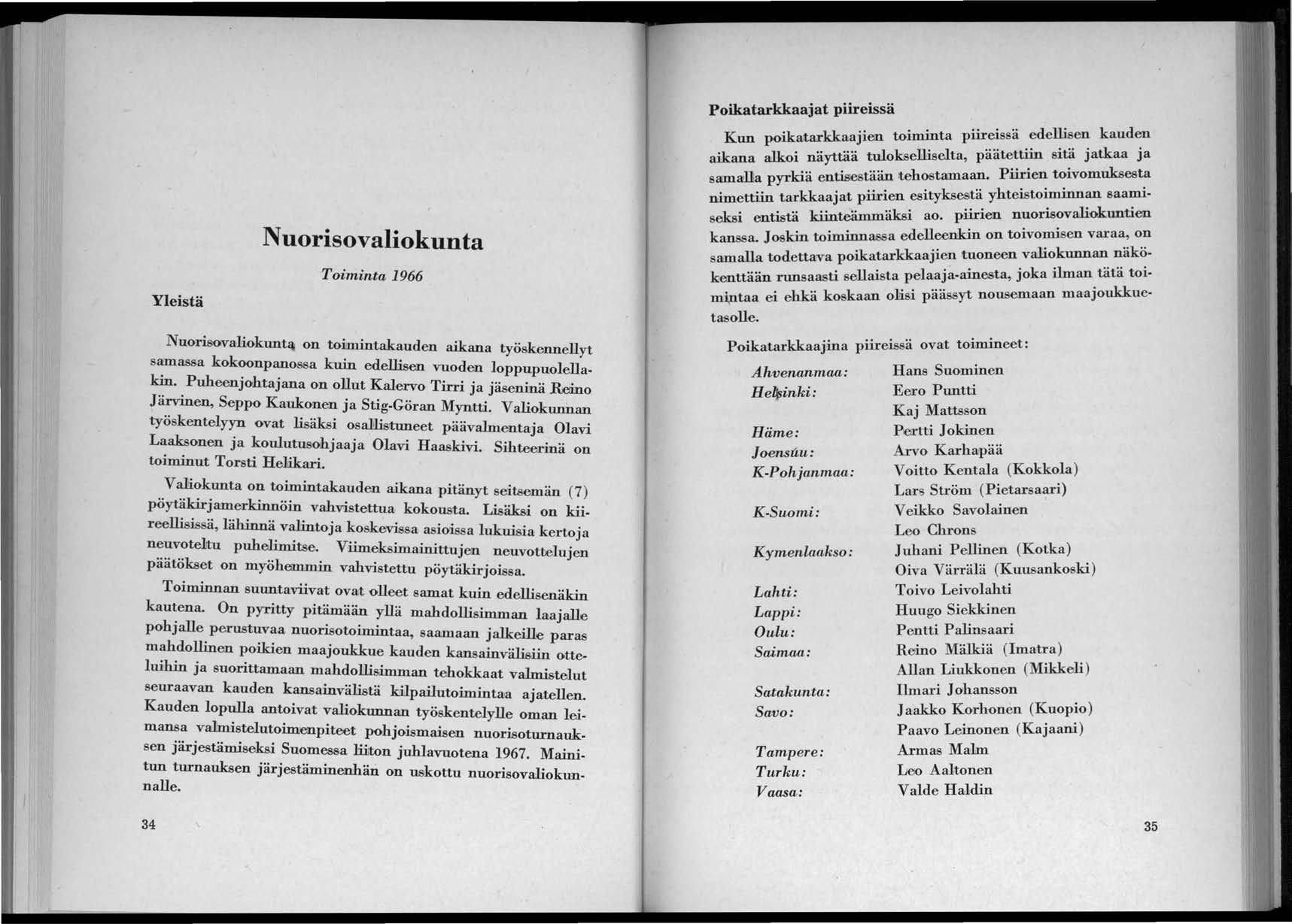 Yleistä Nuorisovaliokunta Toiminta 1966 Poikatarkkaajat piireissä Kun poikatarkkaajien toiminta piireissä edellisen kauden aikana alkoi näyttää tulokseliiselta, päätettiin sitä jatkaa ja sajmalla