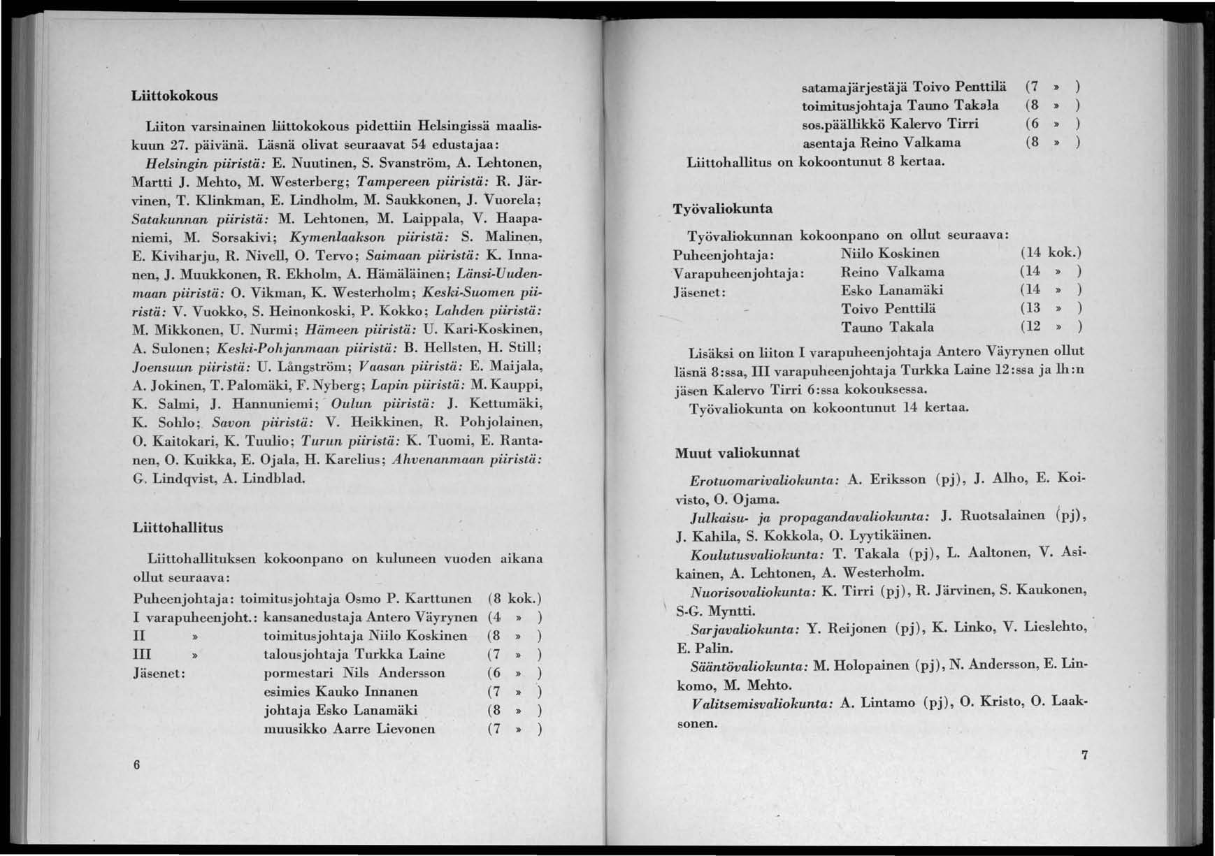 Liittokokous Liiton varsinainen mttokokous pidettiin Helsingissä maalis kuun 27. päivänä. Läsnä olivat seuraavat 54 edustajaa: Helsingin piiristä: E. Nuutinen, S. Svanström, A. Lehtonen, Martti J.