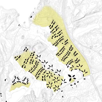 Jokaisesta kodista on suora yhteys sekä metsään että pihakadulle, joka toimii sosiaalisten kohtaamisten näyttämönä. Pienilmasto Riutan alueella rakentaminen sijoittuu lämpimiin etelärinteisiin.