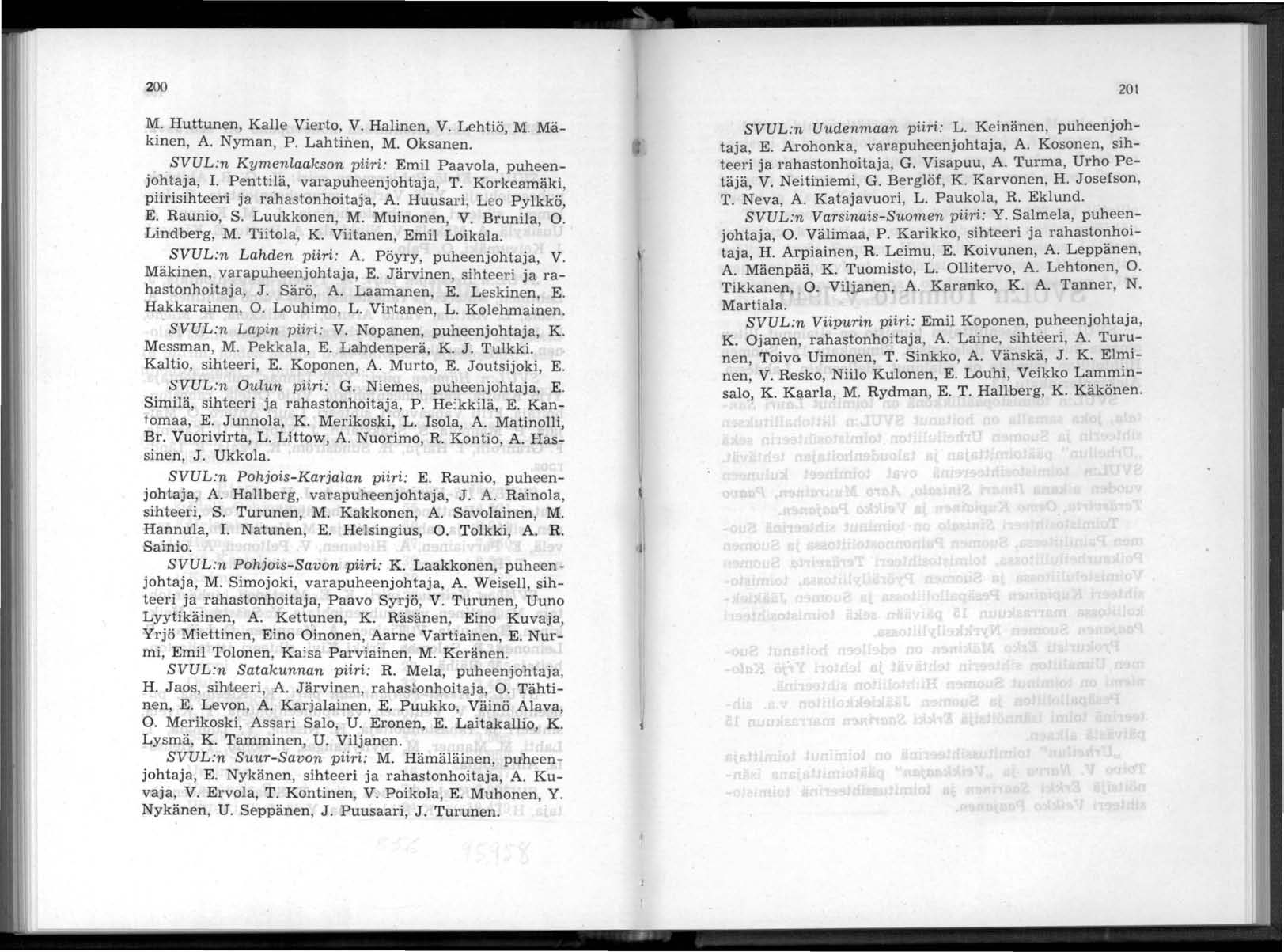 200 M. Huttunen, Kalle Viel'to, V. Halinen, V. Lehtiö, M. Mäkinen, A. Nyman, P. Lahtinen, M. Oksanen. SVUL:n Kymenlaakson piiri: Emil Paavola, puheenjohtaja, I. Penttilä, varapuheenjohtaja, T.