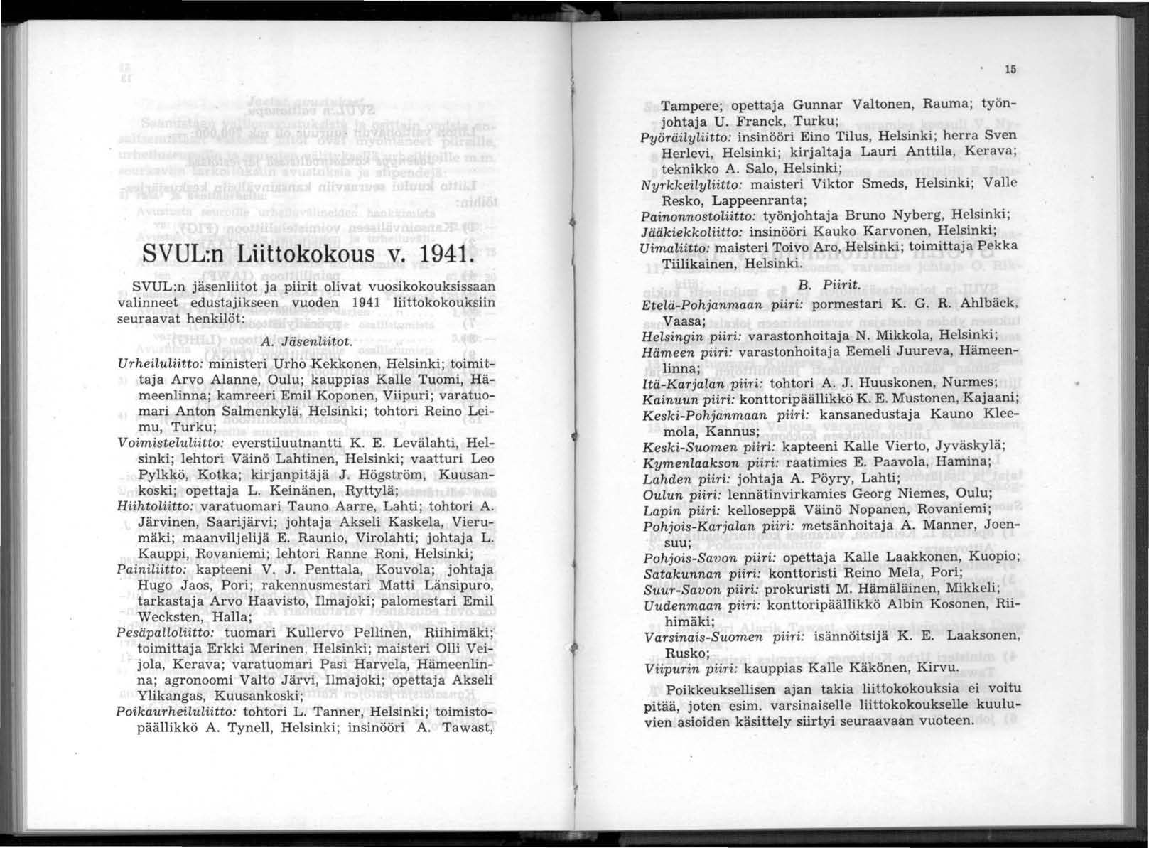 15 SVUL:n Liittokokous v. 1941. SVUL:n jäsenliitot ja piirit olivat vuosikokouksissaan valinneet edustajikseen vuoden 1941 liittokokouksiin seuraavat henkilöt: A. Jäsenliitot.