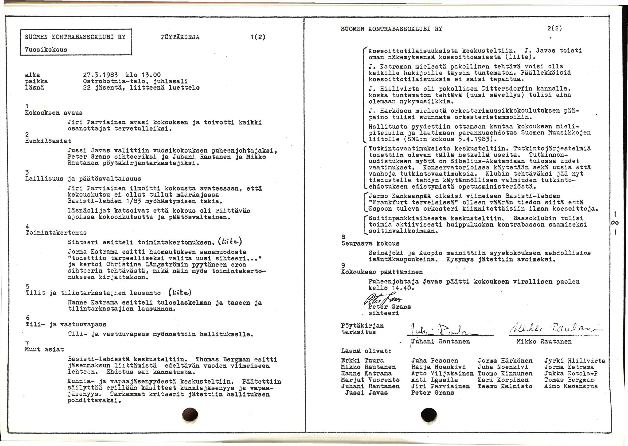 SUOMEN KONTRABASSOKLUBI RY Vuosikokous aika 27.3.1983 klo 13.