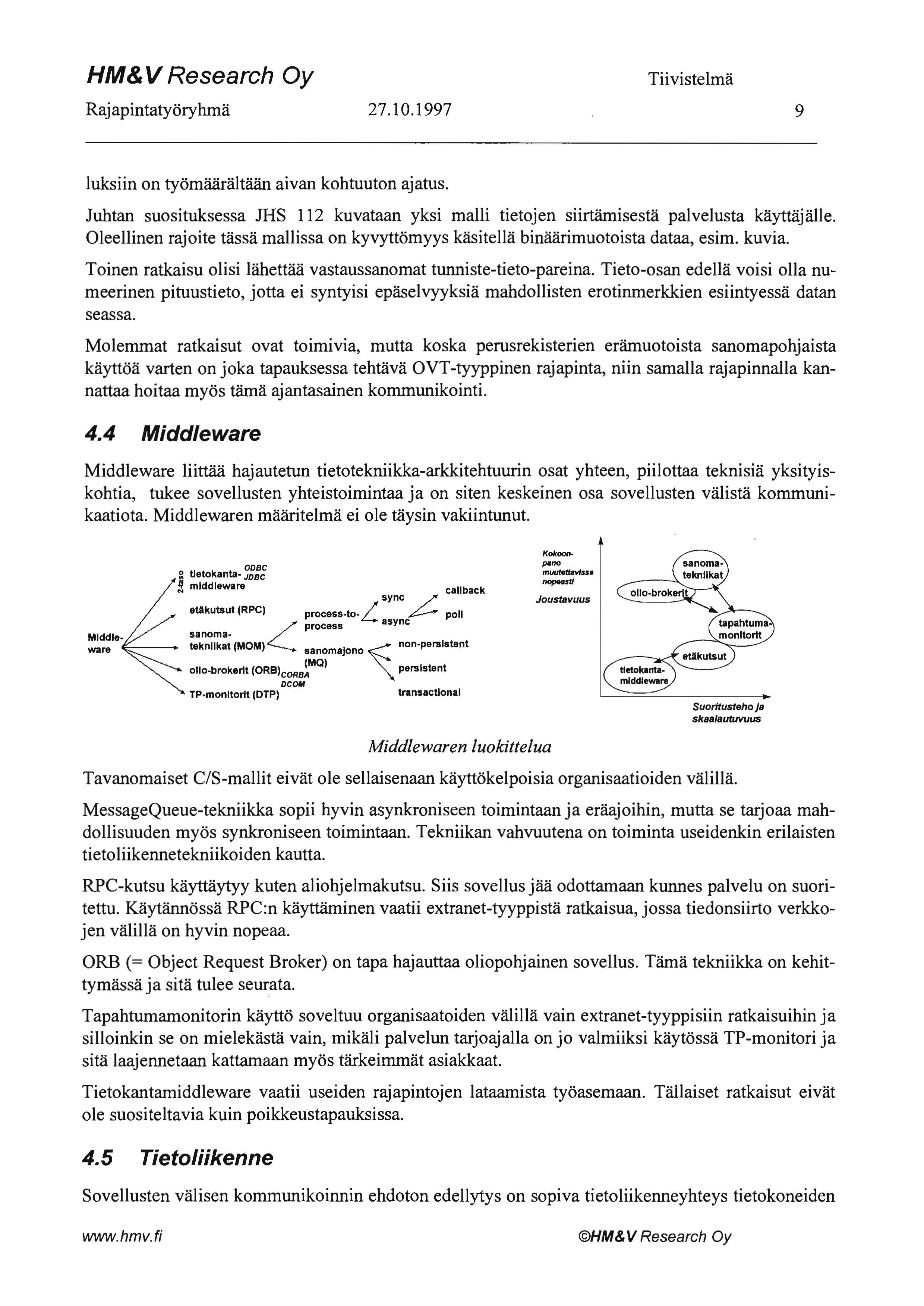 HM& V Research Oy Rajapintatyöryhmä 27.10.1997 9 luksiin on työmääräitään aivan kohtuuton ajatus. Juhtan suosituksessa JHS 112 kuvataan yksi malli tietojen siirtämisestä palvelusta käyttäjälle.