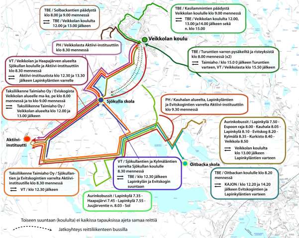 37 Kuva 23. Erillisten koululaisten taksi- ja bussikuljetusten reitit ja ajankohdat Veikkolan ja keskiosien kouluihin. 2.7 Joukkoliikenteen rahoitus Koko Kirkkonummen kunnan joukkoliikenteen rahoitus ja lipputulot Kirkkonummen kunta on rahoittanut joukkoliikennettä 2,1 miljoonalla eurolla vuonna 2009.