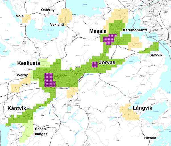 53 Kuva 33. Palvelutason laatuluokkatavoitteet Masala-Jorvas-kuntakeskus-Kantvik -vyöhykkeellä. Pohjana on käytetty 250 x 250 metrin YKR-ruutuaineistoa.