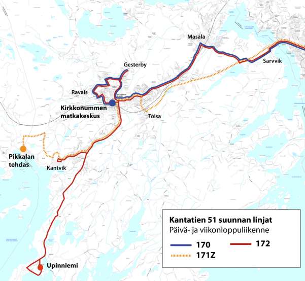 57 Ruuhka-aikoina nopeita yhteyksiä tarjotaan Ravalsiin sekä Gesterbyhyn (linja 173Z) ja Kantvikiin sekä Upinniemeen.