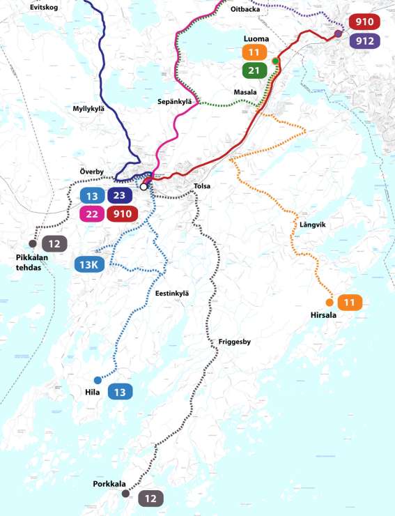 Kuva 37. Kirkkonummen eteläosan sisäiset linjat ja seutulinja Kauklahteen.