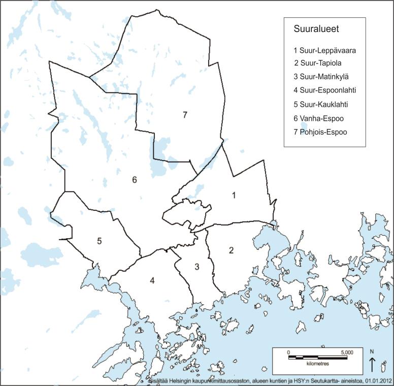 Kuva 3. Espoon suuraluejako (Lähteet: Helsingin kaupunkimittausosasto, alueen kunnat, HSY 2012 ja Espoon kaupunkisuunnittelukeskus) 5.