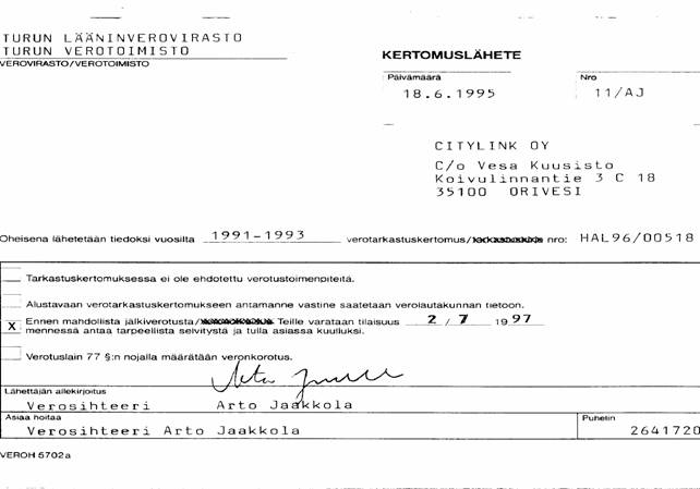 Uudenmaan Lääninoikeus käsitteli asian ja antoi päätöksensä 427/4 päivätty 19.6.1996 nro 601/7010/96. CityLink valitti päätöksestä, josta alla lähemmin.