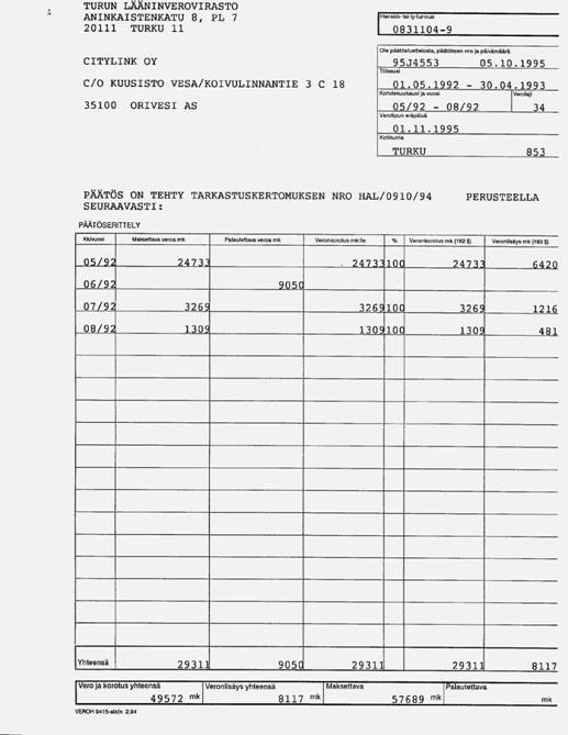 Edellisestä päätöksestä tulee esille verottajan laskema keskihinnasta E-180 min kasetille. Hinta on 14.80:-mk/kpl jonka perusteella on arvioitu Citylinkin myynti, joka verotetaan per 74.