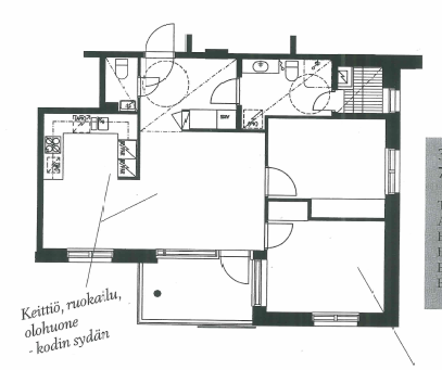 Olohuoneessa on ehjien seinien ympäröimä tila oleskeluryhmälle. Saunatila ja parveke isoja ovat suhteessa asunnon kokoon.