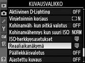 Kuvanottotapa ovat valittavissa seuraavat asetukset: s Asetus Yksittäiskuvaus (oletusasetus) t Sarjakuvaus, hidas u Sarjakuvaus, nopea Kuvaus