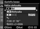 Ajastetun kuvauksen keskeyttäminen joksikin aikaa Ajastetun kuvauksen voi keskeyttää joksikin aikaa seuraavilla tavoilla: Painamalla J-painiketta kuvaussarjojen välillä.