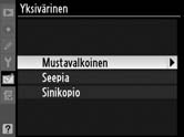 D Rajaa: Kuvanlaatu ja kuvakoko NEF (RAW)- tai NEF (RAW) + JPEG -valokuvista tai TIFF (RGB) -valokuvista luotujen kopioiden laatu (s. 64) on JPEG, hieno.