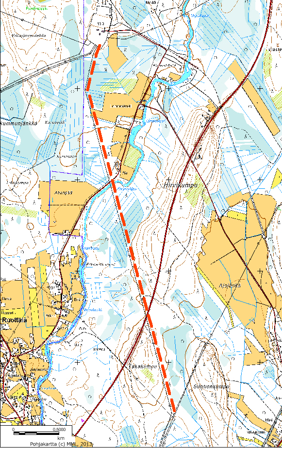 FCG SUUNNITTELU JA TEKNIIKKA OY Raportti 11 (30) Kuvapari 9 ja 10. Vasemmalla Keminmaan johtoreitin topografia, oikealla ilmakuva. Johtoreitin kuvaus punaisella katkoviivalla on viitteellinen.