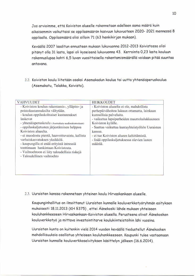 10 Jos arvioimme,että Koiviston alueelle rakennetaan edelleen sama määrä kuin aikaisemmin vaikuttaisi se oppilasmäärän kasvuun lukuvuoteen 2020-2021 mennessä 8 oppilaalla.