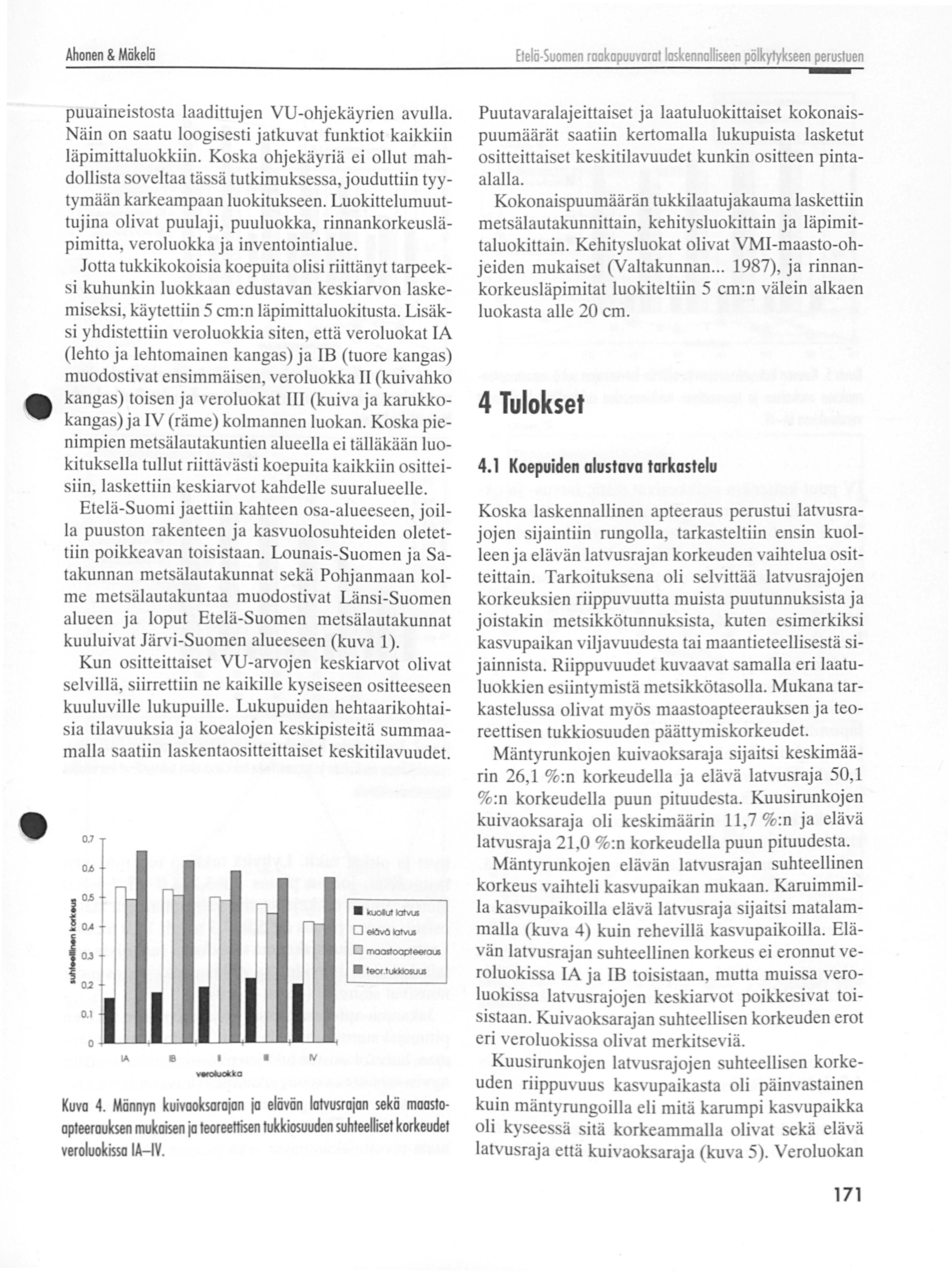 Folia Forestalia 199 5( 3) T utkimusortikkelit -19 20-24 25-29 30-39 «l- ~ka, Kuva 10. Mäntytukkien jakaantuminen laatuluokkiin Järvi-Suomen alueella läpimittaluokittain.