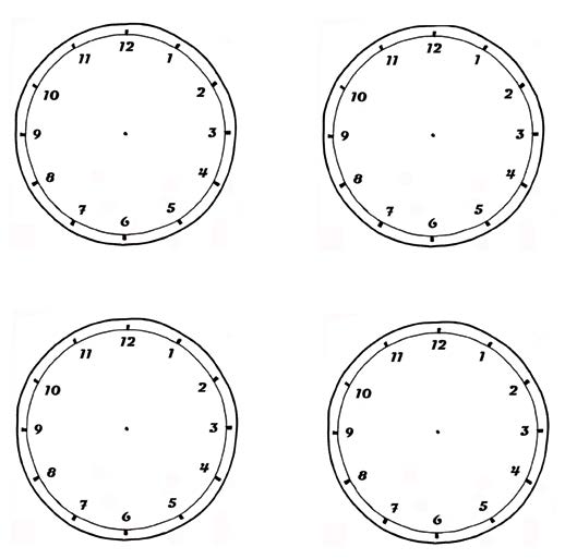 Tehtävä 21 Digitaaliset kellonajat. Piirrä kellotauluihin oikeat ajat. A. 8.25 B. 7.15 C. 21.20 D. 15.40 E. 00.10 F. 11.