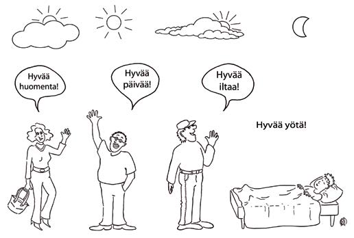 Tervehdyksiä ja fraaseja Hei! Moi! Terve! Hyvää huomenta! = Huomenta! Hyvää päivää! = Päivää!