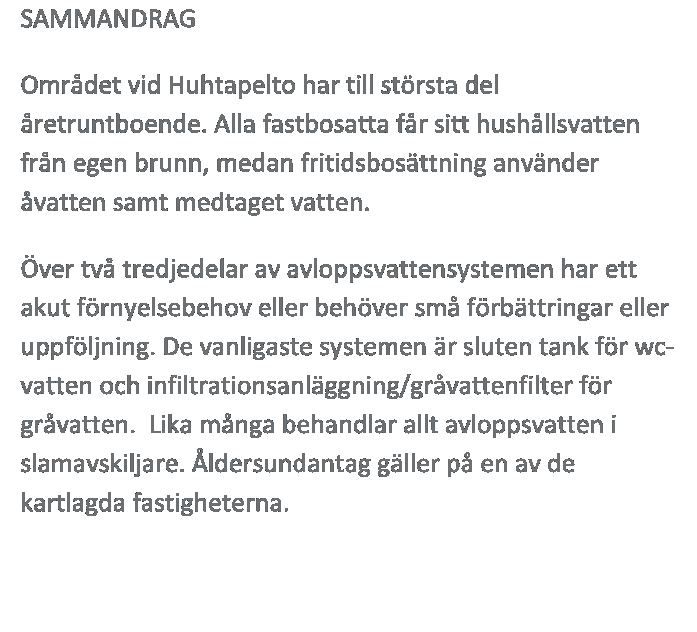 % Typ av bostad (fast/ fritid) 21/12 64/36 Invånarantal 79 Vattenanskaffning (ledning/ egen brunn) 0/32 0/100 Typ av brunn (borr-/ ringbrunn) 17/15 53/47 Separat toalettavlopp (ja/ nej) 11/9 55/45