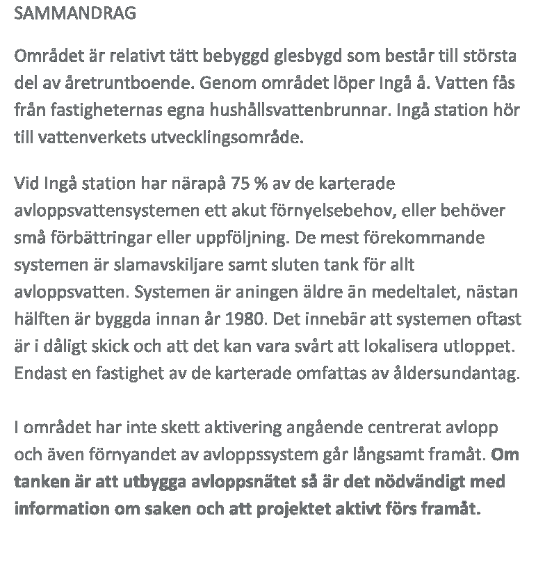 Vid Ingå station har närapå 75 % av de karterade avloppsvattensystemen ett akut förnyelsebehov, eller behöver små förbättringar eller uppföljning.