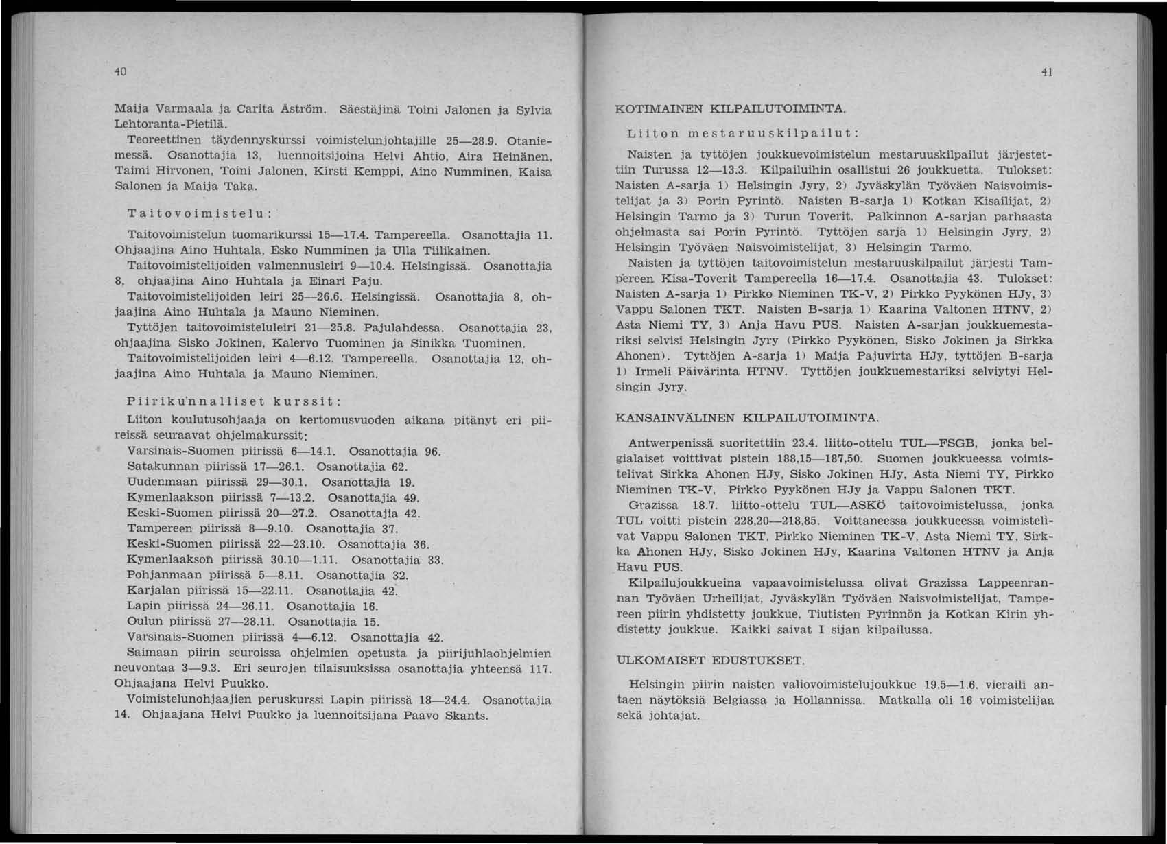 40 Maija Varmaala ja Carita Åström. Säestäjinä Toini Jalonen ja Sylvia Lehtoranta-Pietilä. Teoreettinen täydennyskurssi voimistelunjohtajille 25-28.9. Otaniemessä.