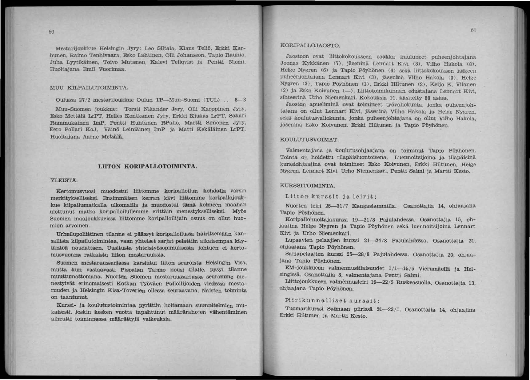 60 Mesta1l'ijoukJme Helsingin Jyry: Leo Siltala, Klaus Teliö, Erkki. Karhunen, Raimo Tenh.ivaa.ra, Esko Lahtinen, om Joham.s.son, Tapio Raunio, Juha Lyytiikäinen, Toivo Mutam.