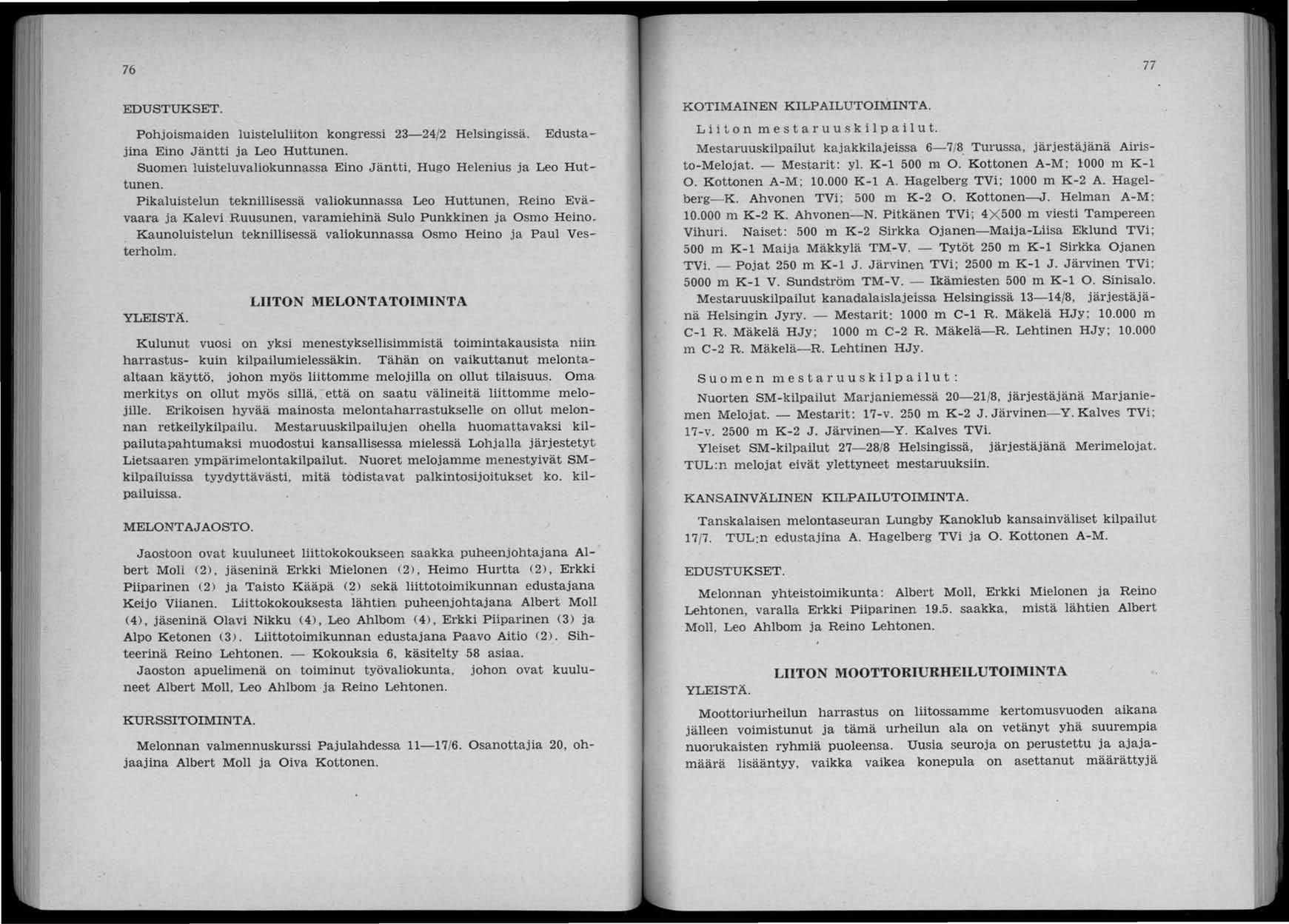 76 EDUSTUKSET. Pohjoismaiden luistelu liiton kongressi 23-24/2 Helsingissä. Edustajina Eino Jäntti ja Leo Huttunen. Suomen luisteluvaliokunnassa Eino Jäntti, Hugo Helenius ja Leo Huttunen.