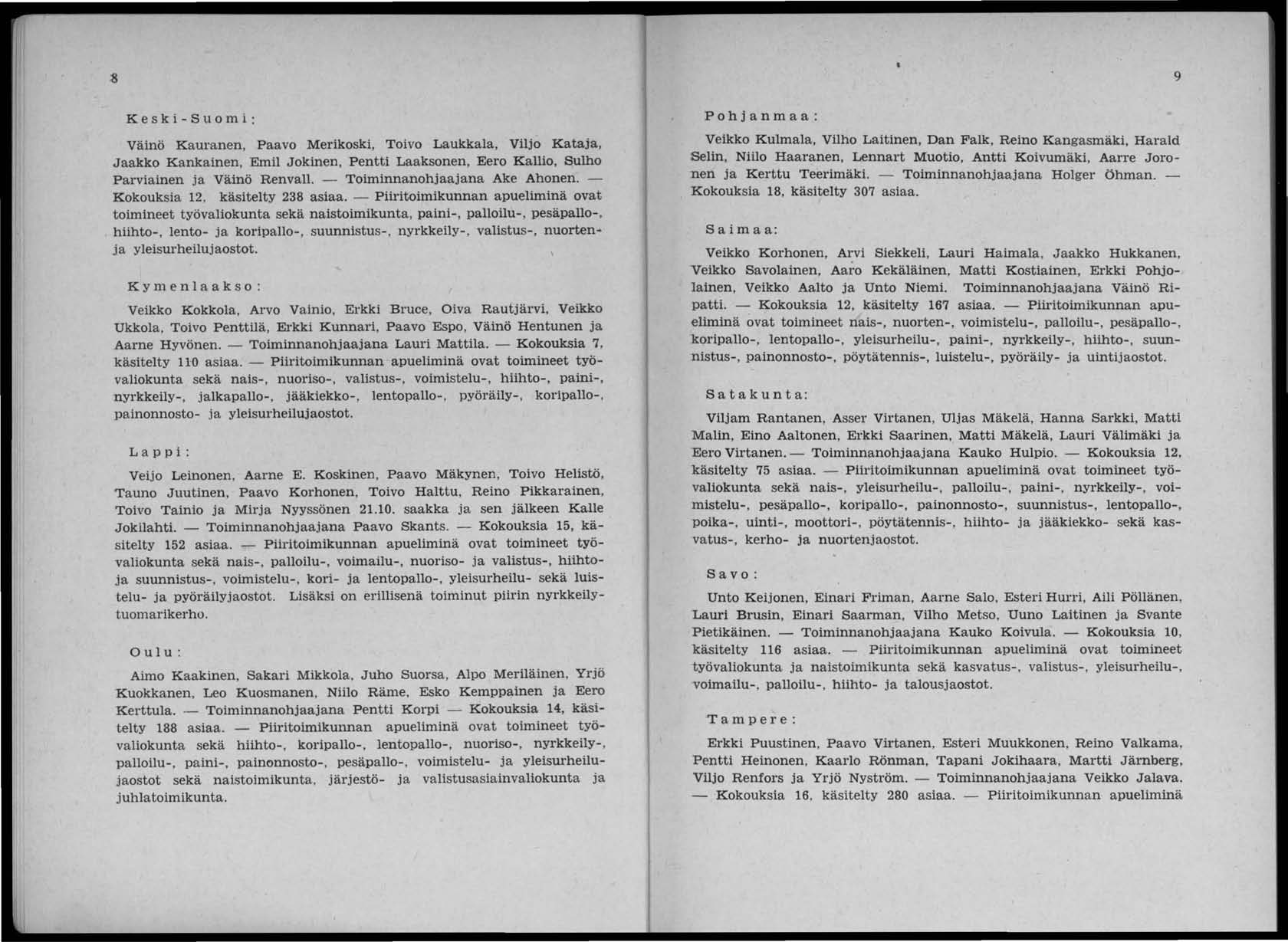 9 l ' Keski-Suomi: Väinö Kauranen, Paavo Merikoski, Toivo Laukkala, Viljo Kataja, Jaakko Kankainen, Emil Jokinen, Pentti Laaksonen, Eero Kallio, Sulho Parviainen ja Väinö Renvall.