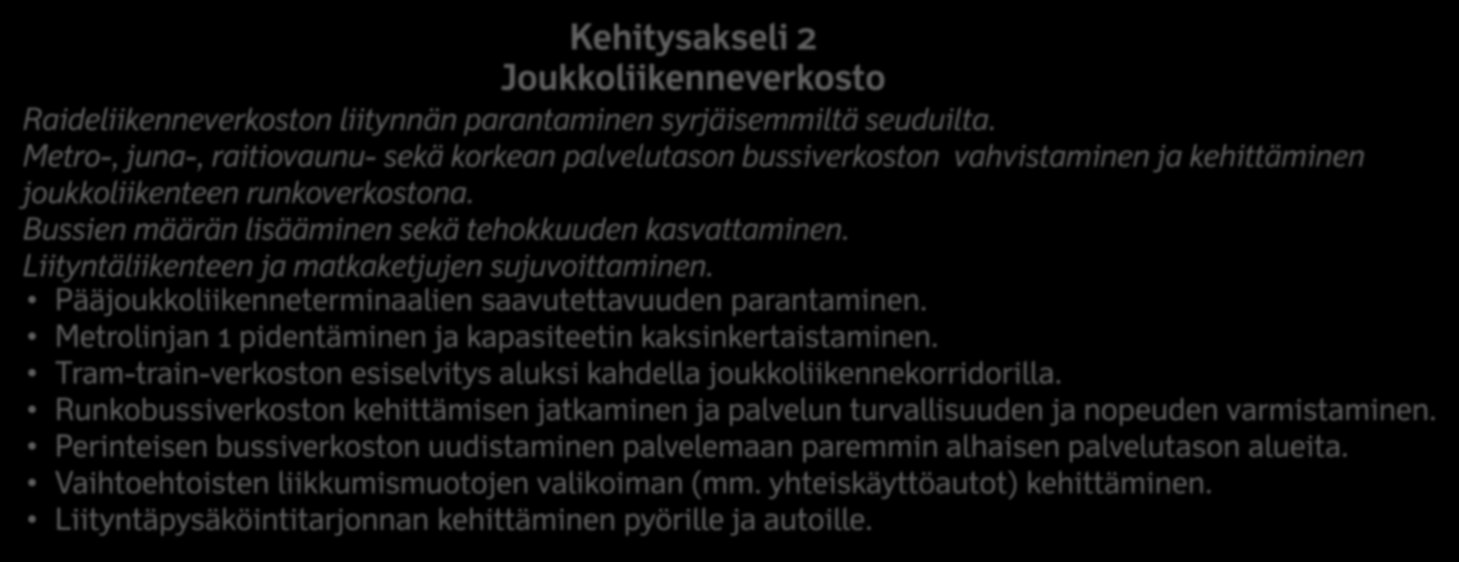 Kaupunkirakenteen tiivistäminen joukkoliikenneakseleiden varsilla yhteisymmärryksessä runkolinjojen kehittämisen kanssa.