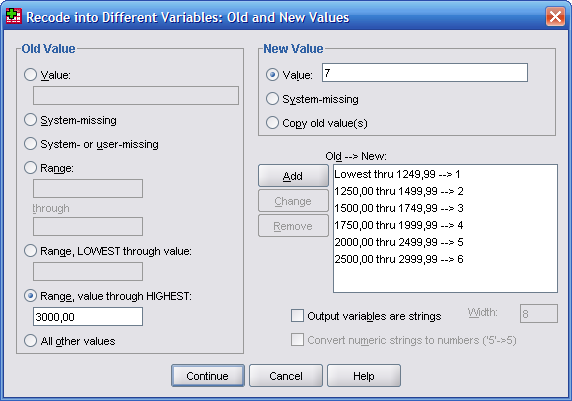 Määritykset hyväksytään valitsemalla Continue ja seuraavasta ikkunasta OK. Ohjelma suorittaa luokittelun Transform/Recode-komennon valintojen mukaan.